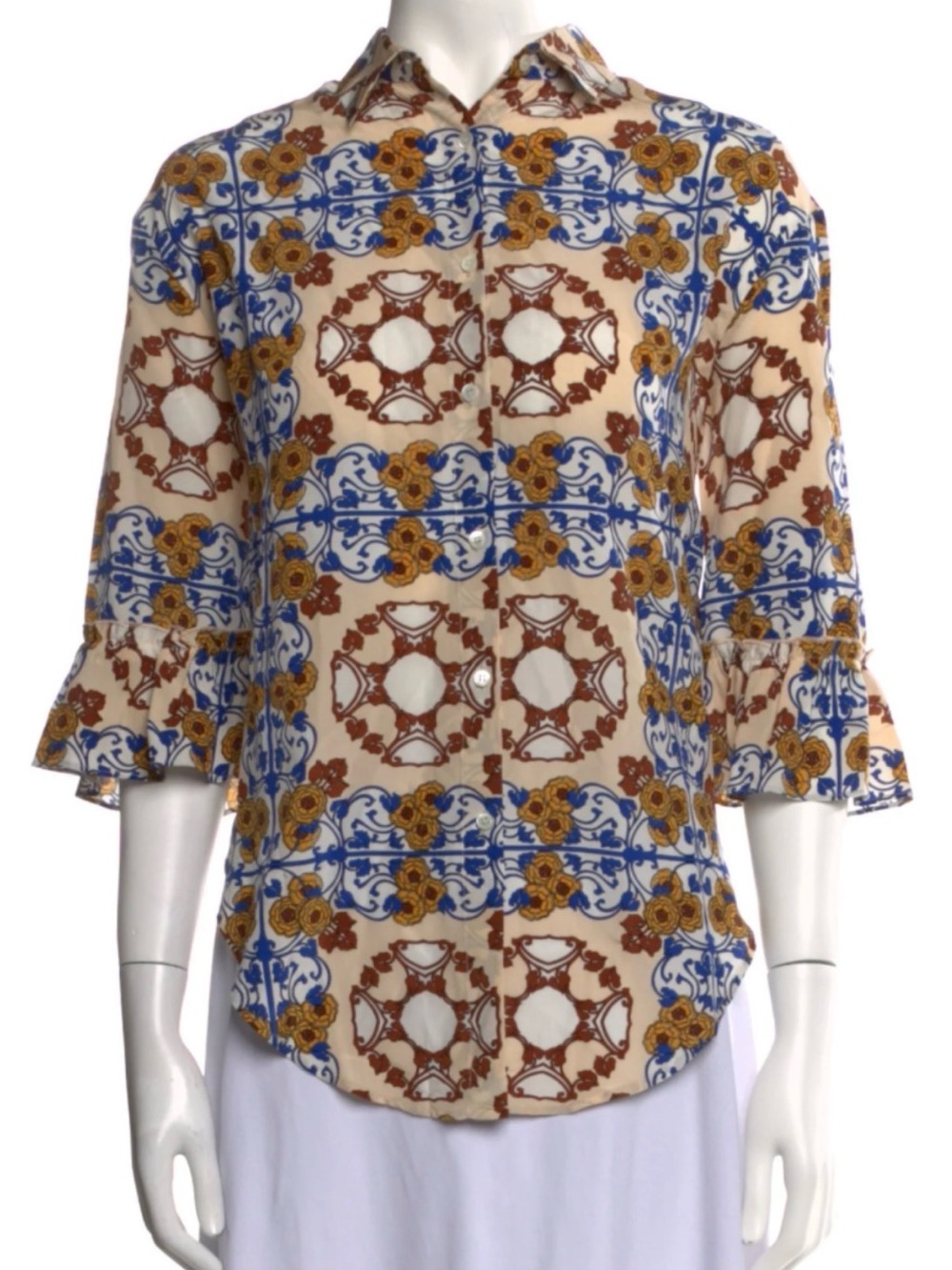 Women's Beige Patterned Button-Up Blouse with Blue & brown print